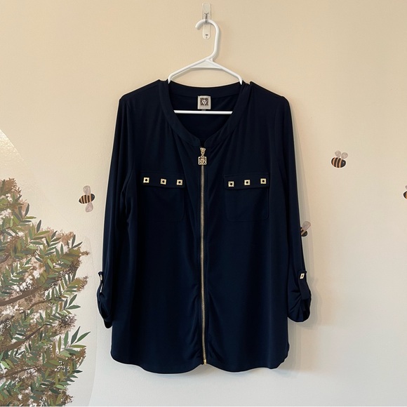 Anne klein navy blue blouse XL gold accents - Picture 2 of 5